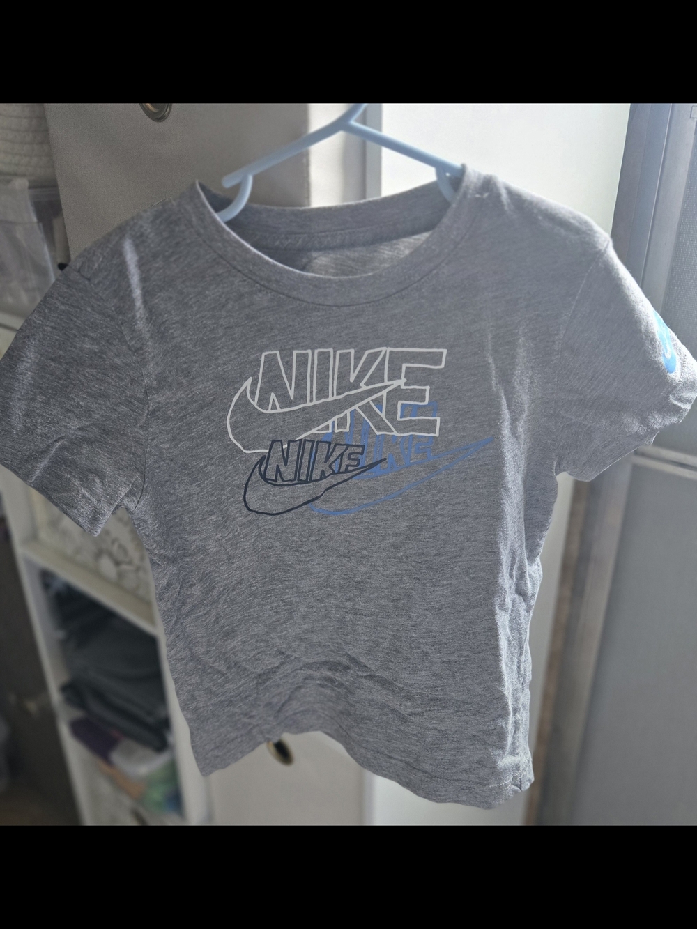 Nike Gray Short-Sleeve Kids Tee with Blue and White Logo-SM EUC